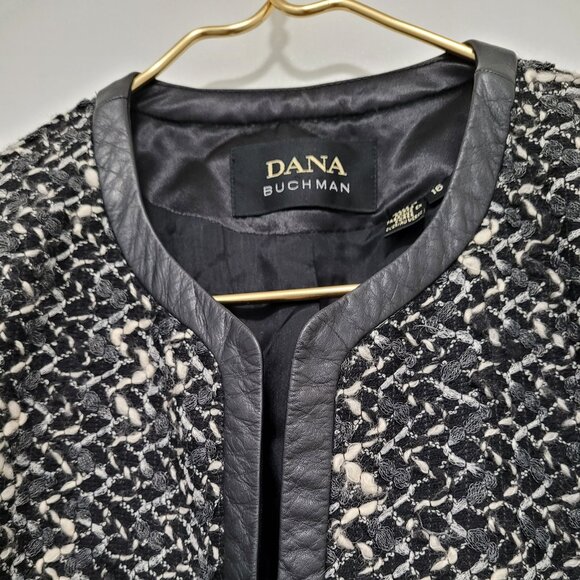 Dana Buchman Blazer Women Plus Sz 16 Zipper Tweed Boucle Wool Trim Leather - Picture 7 of 13
